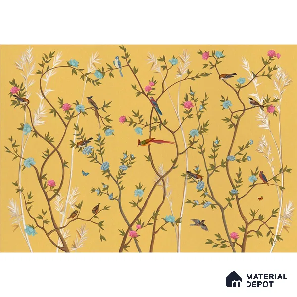 Yellow Chinoiserie Wallpaper with Flowers and Birds, Customised Sparkla N Shine Series Handmade Chinoserie Design (Customised Size Wallpaper)