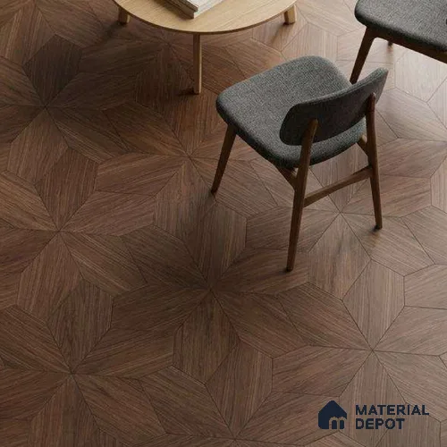 Modular Patterned Azalia Walnut Engineered Wood Floor | EF 00080 B | 20 x 12 inch (520x300 mm) - 15 mm | 2 mm Walnut Top Wear Layer | Suitable For Living Room, Bedroom | Silanblok SM Adhesive Glue Down Installation