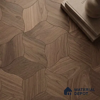 Modular Patterned Lotus Curve Walnut Engineered Wood Floor | EF 00075 B | 18 x 11 inch (453x290 mm) - 14 mm | 2 mm American Walnut Top Wear Layer | Suitable For Living Room, Bedroom | Silanblok SM Adhesive Glue Down Installation