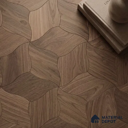 Modular Patterned Lotus Curve Walnut Engineered Wood Floor | EF 00075 B | 18 x 11 inch (453x290 mm) - 14 mm | 2 mm American Walnut Top Wear Layer | Suitable For Living Room, Bedroom | Silanblok SM Adhesive Glue Down Installation