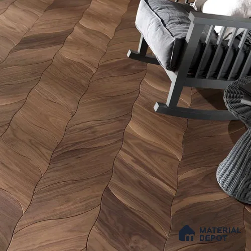 Modular Patterned Petali Walnut Engineered Wood Floor | EF 00076 B | 20 x 9 inch (514x222 mm) - 14 mm | 2 mm Walnut Top Wear Layer | Suitable For Living Room, Bedroom | Silanblok SM Adhesive Glue Down Installation