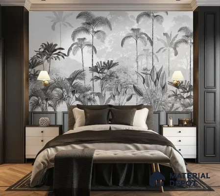 Kaira, Black & White Tropical Silk Sheen Wallpaper