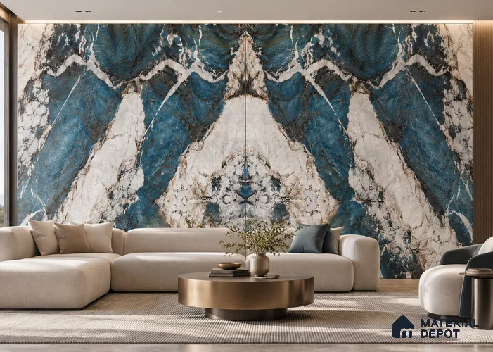 Bookmatch Large Format Endless Marble Tile TL 11413 Exotic Aqua Decor A 8 ft x 4 ft Vitrified Color Body Hybrid Finish - 9 mm | Suitable for Living Room, Bedroom, Bathroom