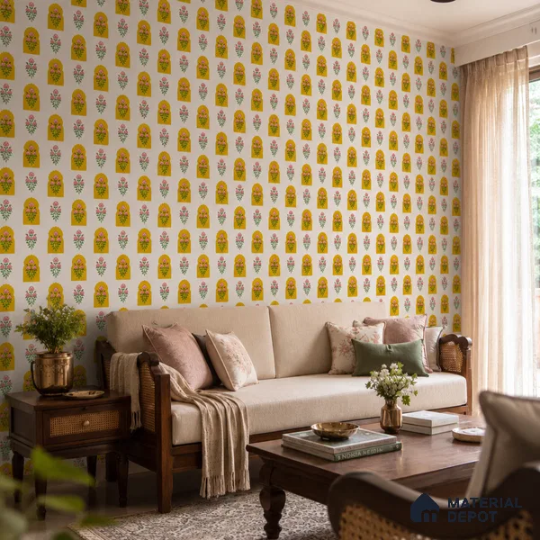 Seamless Mughal Jharoka Bloom Pattern Wallpaper with Intricate Floral Motifs | WP 05256 B Non Woven | 150 GSM WP01MTF Paper | (MOQ = 30 Sq. Ft.)
