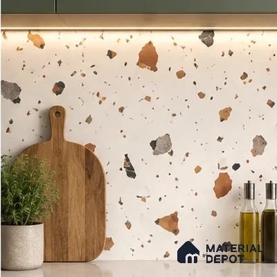 Terrazzo Floor & Wall Tile TL 06131 Gravity Bianco Royal 4 ft x 2 ft Vitrified Carving Matte Finish - 9 mm | 4 Random Design | Suitable For Living Room, Bedroom, Bathroom, Kitchen