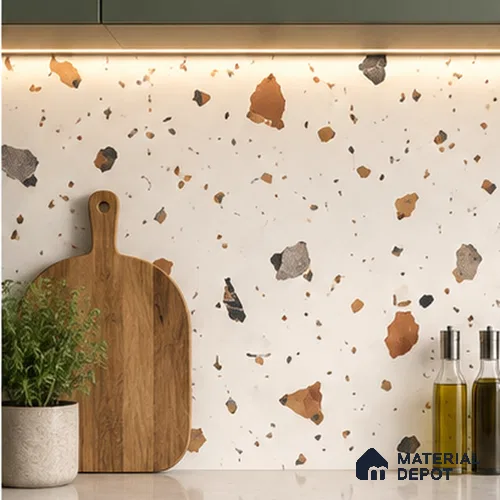 Terrazzo Floor & Wall Tile TL 06131 Gravity Bianco Royal 4 ft x 2 ft Vitrified Carving Matte Finish - 9 mm | 4 Random Design | Suitable For Living Room, Bedroom, Bathroom, Kitchen