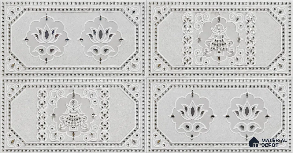 Traditional Lippan Art Highlighter Wall Tile TL 13141 Silver Lotus Panel 4 ft x 2 ft Vitrified Mirror Finish - 9 mm | Suitable for Living Room, Bedroom, Foyer & Traditional Highlighter Wall