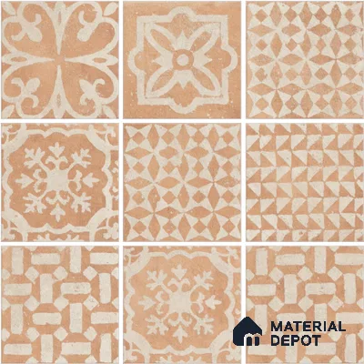 Patterned Wall & Floor Tile TL 13043 Terracotta Patch 8 in x 8 in Vitrified Matte Finish - 8.5 mm | 9 Random Designs | Luster Effect | Suitable for Living Room, Dining, Bathroom & Kitchen