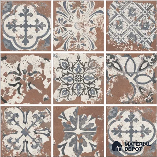 Patterned Wall & Floor Tile TL 13045 Rusted Manor 8 in x 8 in Vitrified Matte Finish - 8.5 mm | 8 Random Designs | Glossy Granula Effect | Suitable for Living Room, Dining, Bathroom & Kitchen