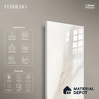 Ferrero 1B 0717 White Bianco 8 ft x 4 ft Marble Series High Gloss Finish Acrylic Laminate - 1.5 mm (LM 01109) | Matching Edgeband Code - 717 |  Suitable for TV Unit, Wardrobe, Kitchen Cabinets