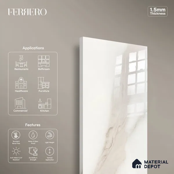 Ferrero 1B 0717 White Bianco 8 ft x 4 ft Marble Series High Gloss Finish Acrylic Laminate - 1.5 mm (LM 01109) | Matching Edgeband Code - 717 | Suitable for TV Unit, Wardrobe, Kitchen Cabinets