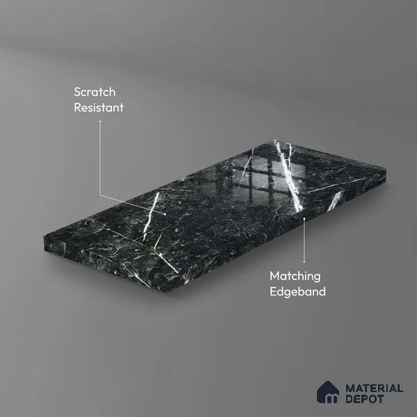 Ferrero 1B 0718 Negro Marquina 8 ft x 4 ft Marble Series High Gloss Finish Acrylic Laminate - 1.5 mm (LM 01110) | Matching Edgeband Code - 718 |  Suitable for TV Unit, Wardrobe, Kitchen Cabinets