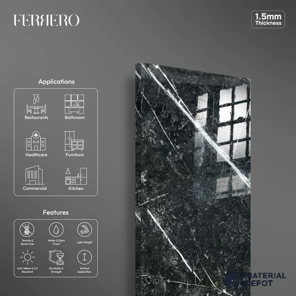 Ferrero 1B 0718 Negro Marquina 8 ft x 4 ft Marble Series High Gloss Finish Acrylic Laminate - 1.5 mm (LM 01110) | Matching Edgeband Code - 718 |  Suitable for TV Unit, Wardrobe, Kitchen Cabinets