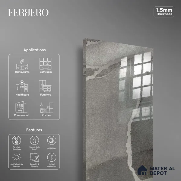 Ferrero 1B 0721 Silver Veins 8 ft x 4 ft Lazer Marble Series High Gloss Finish Acrylic Laminate - 1.5 mm (LM 01111) | Matching Edgeband Code - 721 |  Suitable for TV Unit, Wardrobe, Kitchen Cabinets