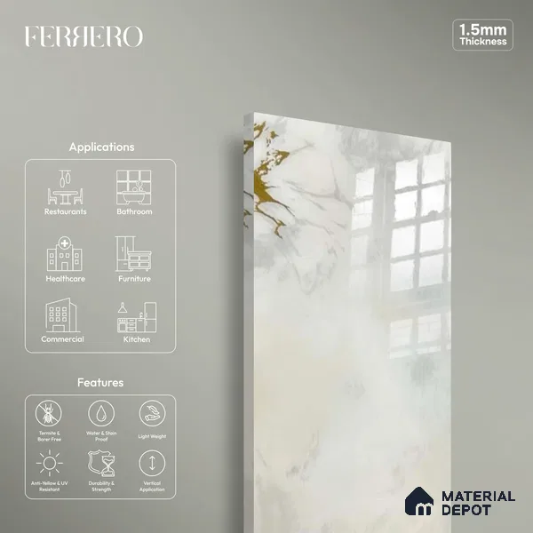Ferrero 1B 0723 Gold Horizon 8 ft x 4 ft Lazer Marble Series High Gloss Finish Acrylic Laminate - 1.5 mm (LM 01113) | Matching Edgeband Code - 723 |  Suitable for TV Unit, Wardrobe, Kitchen Cabinets