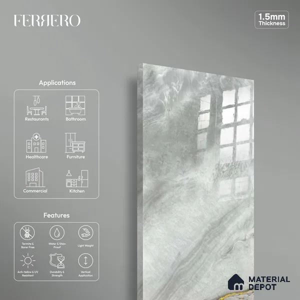 Ferrero 1B 0725 Cloud Vein 8 ft x 4 ft Lazer Marble Series High Gloss Finish Acrylic Laminate - 1.5 mm (LM 01115) | Matching Edgeband Code - 725 |  Suitable for TV Unit, Wardrobe, Kitchen Cabinets