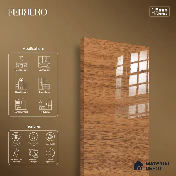 Wooden Look 714 8 ft x 4 ft Wooden Series High Gloss Finish Acrylic Laminate - 1.5 mm | Suitable for TV Unit, Wardrobe, Kitchen Cabinets