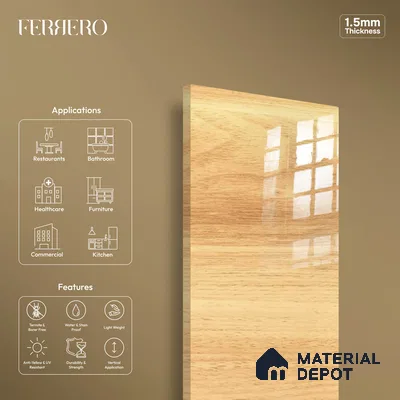Wooden Look Ferrero 1B 0702 Blonde Oak 8 ft x 4 ft Wooden Series High Gloss Finish Acrylic Laminate - 1.5 mm (LM 01121) | Matching Edgeband Code - 702 | Suitable for TV Unit, Wardrobe, Kitchen Cabinets
