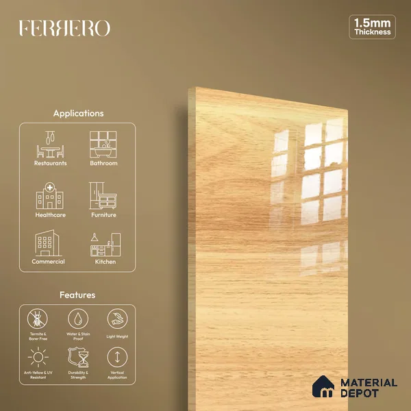Wooden Look Ferrero 1B 0702 Blonde Oak 8 ft x 4 ft Wooden Series High Gloss Finish Acrylic Laminate - 1.5 mm (LM 01121) | Matching Edgeband Code - 702 | Suitable for TV Unit, Wardrobe, Kitchen Cabinets