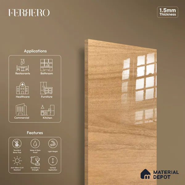 Wooden Look 703 8 ft x 4 ft Wooden Series High Gloss Finish Acrylic Laminate - 1.5 mm | Suitable for TV Unit, Wardrobe, Kitchen Cabinets
