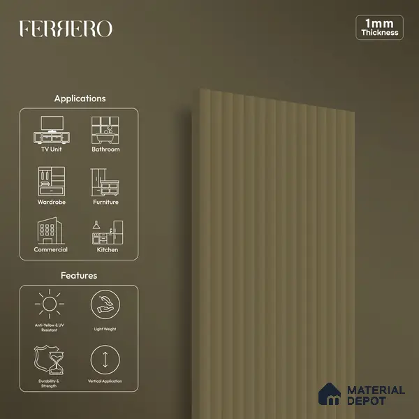 Ferrero 1A 0273 03 Warm Taupe 8 ft x 4 ft Fluted Matte Finish Decorative Laminate - 1 mm | Suitable for Living Room, Bedroom, Kitchen, Bathroom, TV Unit, Wardrobe, Hotel, Restaurant, Office