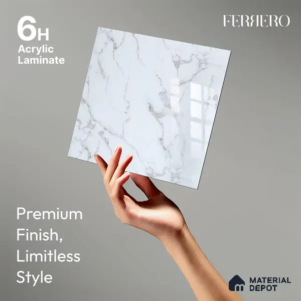 Ferrero 2A 01901 Snow Cascade 8 ft x 4 ft High Gloss Finish 6H Anti Scratch Acrylic Laminate - 1.5 mm | Suitable for Bedroom, TV Unit, Wardrobe, Kitchen Cabinet