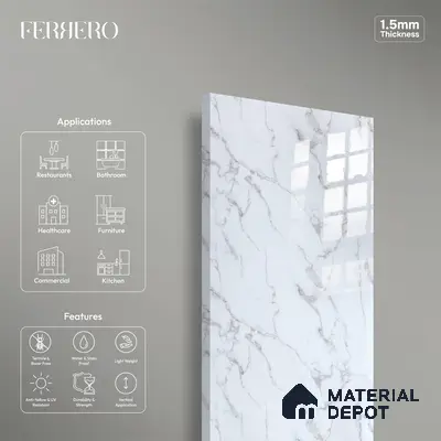 Ferrero 2A 01901 Snow Cascade 8 ft x 4 ft High Gloss Finish 6H Anti Scratch Acrylic Laminate - 1.5 mm | Suitable for Bedroom, TV Unit, Wardrobe, Kitchen Cabinet
