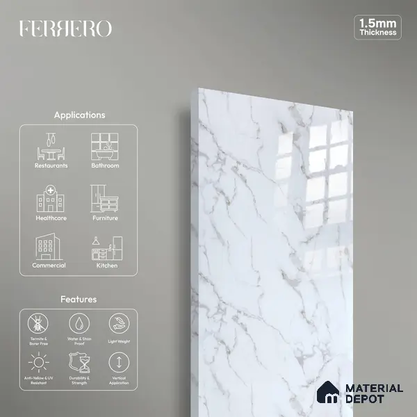 Ferrero 2A 01901 Snow Cascade 8 ft x 4 ft High Gloss Finish 6H Anti Scratch Acrylic Laminate - 1.5 mm | Suitable for Bedroom, TV Unit, Wardrobe, Kitchen Cabinet