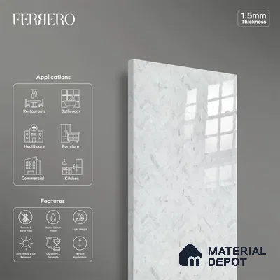 Ferrero 2A 01902 Stone Frost 8 ft x 4 ft High Gloss Finish 6H Anti Scratch Acrylic Laminate - 1.5 mm | Suitable for Bedroom, TV Unit, Wardrobe, Kitchen Cabinet