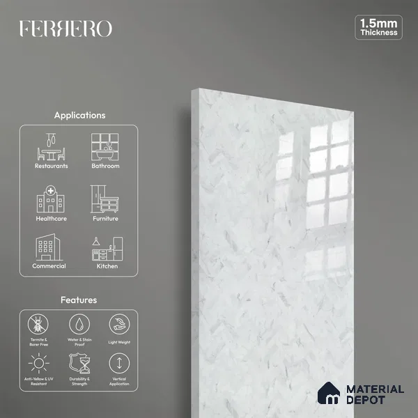 Ferrero 2A 01902 Stone Frost 8 ft x 4 ft High Gloss Finish 6H Anti Scratch Acrylic Laminate - 1.5 mm | Suitable for Bedroom, TV Unit, Wardrobe, Kitchen Cabinet