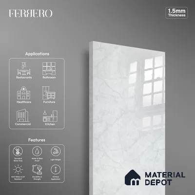 Ferrero 2A 01903 Stone Frost 8 ft x 4 ft High Gloss Finish 6H Anti Scratch Acrylic Laminate - 1.5 mm | Suitable for Bedroom, TV Unit, Wardrobe, Kitchen Cabinet
