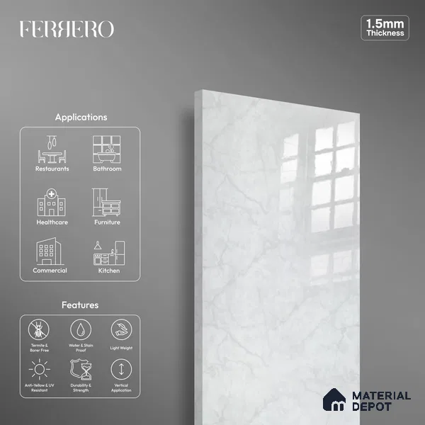 Ferrero 2A 01903 Stone Frost 8 ft x 4 ft High Gloss Finish 6H Anti Scratch Acrylic Laminate - 1.5 mm | Suitable for Bedroom, TV Unit, Wardrobe, Kitchen Cabinet