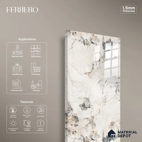 Ferrero 2A 01904 Mystic Slate 8 ft x 4 ft High Gloss Finish 6H Anti Scratch Acrylic Laminate - 1.5 mm | Suitable for Bedroom, TV Unit, Wardrobe, Kitchen Cabinet