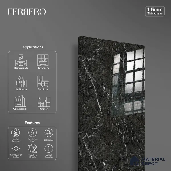 Ferrero 2A 01907 Charcoal Glint 8 ft x 4 ft High Gloss Finish 6H Anti Scratch Acrylic Laminate - 1.5 mm | Suitable for Bedroom, TV Unit, Wardrobe, Kitchen Cabinet