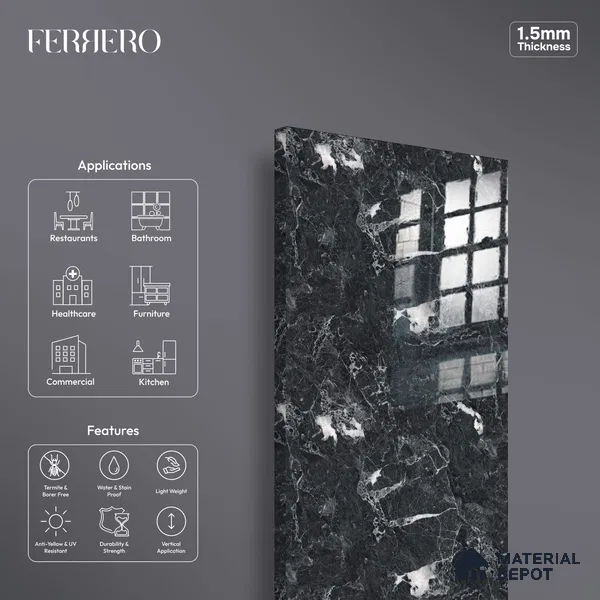 Ferrero 2A 01908 Black Frost 8 ft x 4 ft High Gloss Finish 6H Anti Scratch Acrylic Laminate - 1.5 mm | Suitable for Bedroom, TV Unit, Wardrobe, Kitchen Cabinet