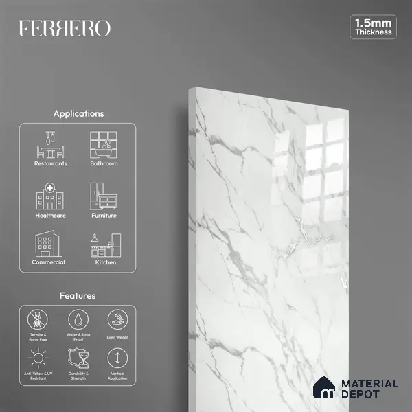 Ferrero 2A 01921 Silver Whisper 8 ft x 4 ft High Gloss Finish 6H Anti Scratch Acrylic Laminate - 1.5 mm | Suitable for Bedroom, TV Unit, Wardrobe, Kitchen Cabinet