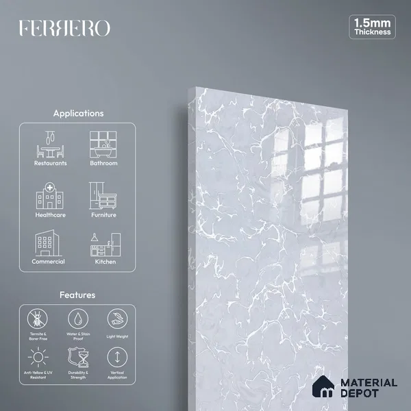 Ferrero 2A 01922 Snow Thread 8 ft x 4 ft High Gloss Finish 6H Anti Scratch Acrylic Laminate - 1.5 mm | Suitable for Bedroom, TV Unit, Wardrobe, Kitchen Cabinet
