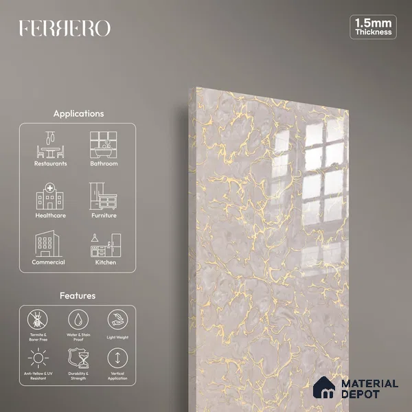 Ferrero 2A 01925 Silken Veins 8 ft x 4 ft High Gloss Finish 6H Anti Scratch Acrylic Laminate - 1.5 mm | Suitable for Bedroom, TV Unit, Wardrobe, Kitchen Cabinet