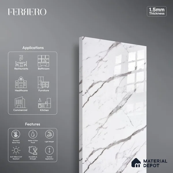 Ferrero 2A 01912 Stone Frost 8 ft x 4 ft High Gloss Finish 6H Anti Scratch Acrylic Laminate - 1.5 mm | Suitable for Bedroom, TV Unit, Wardrobe, Kitchen Cabinet