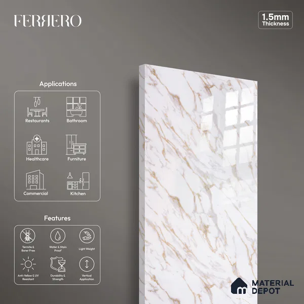 Ferrero 2A 01928 Golden Flow 8 ft x 4 ft High Gloss Finish 6H Anti Scratch Acrylic Laminate - 1.5 mm | Suitable for Bedroom, TV Unit, Wardrobe, Kitchen Cabinet
