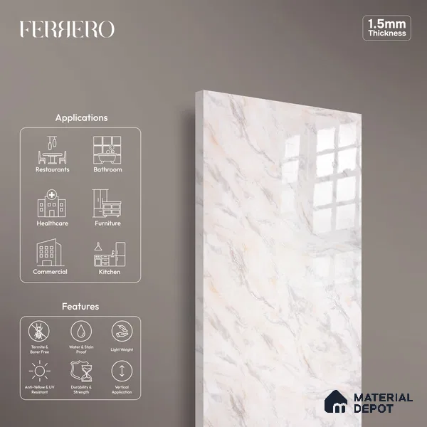 Ferrero 2A 01931 Cream Mist 8 ft x 4 ft High Gloss Finish 6H Anti Scratch Acrylic Laminate - 1.5 mm | Suitable for Bedroom, TV Unit, Wardrobe, Kitchen Cabinet
