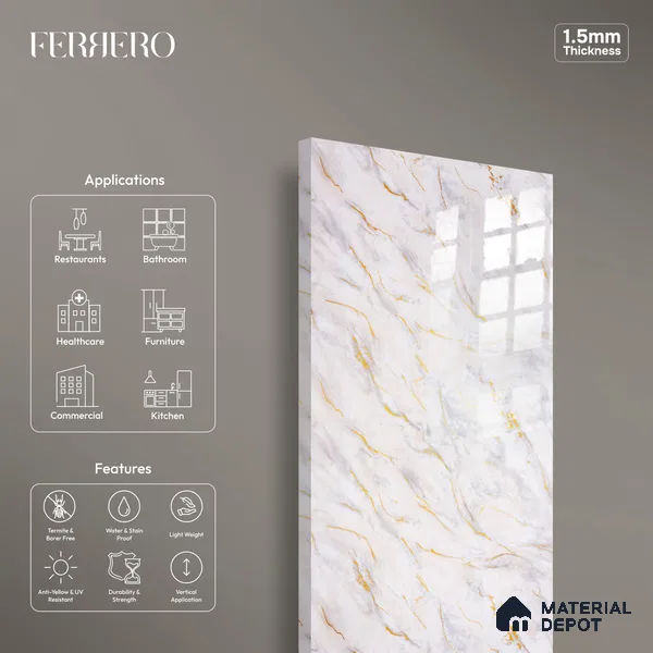 Ferrero 2A 01932 Amber Vein 8 ft x 4 ft High Gloss Finish 6H Anti Scratch Acrylic Laminate - 1.5 mm | Suitable for Bedroom, TV Unit, Wardrobe, Kitchen Cabinet