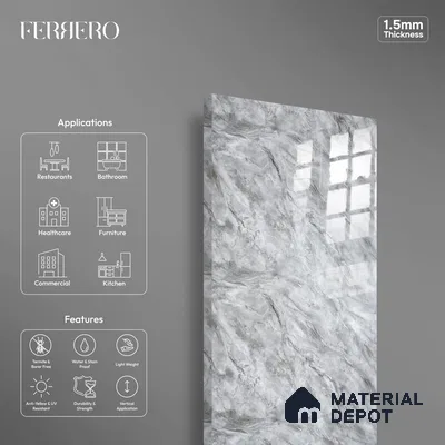 Ferrero 2A 01933 Ash Cloud 8 ft x 4 ft High Gloss Finish 6H Anti Scratch Acrylic Laminate - 1.5 mm | Suitable for Bedroom, TV Unit, Wardrobe, Kitchen Cabinet