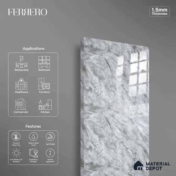 Ferrero 2A 01933 Ash Cloud 8 ft x 4 ft High Gloss Finish 6H Anti Scratch Acrylic Laminate - 1.5 mm | Suitable for Bedroom, TV Unit, Wardrobe, Kitchen Cabinet
