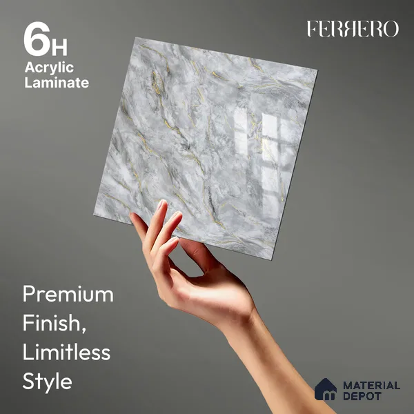Ferrero 2A 01934 Glacier Grey 8 ft x 4 ft High Gloss Finish 6H Anti Scratch Acrylic Laminate - 1.5 mm | Suitable for Bedroom, TV Unit, Wardrobe, Kitchen Cabinet