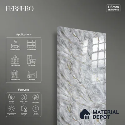 Ferrero 2A 01934 Glacier Grey 8 ft x 4 ft High Gloss Finish 6H Anti Scratch Acrylic Laminate - 1.5 mm | Suitable for Bedroom, TV Unit, Wardrobe, Kitchen Cabinet
