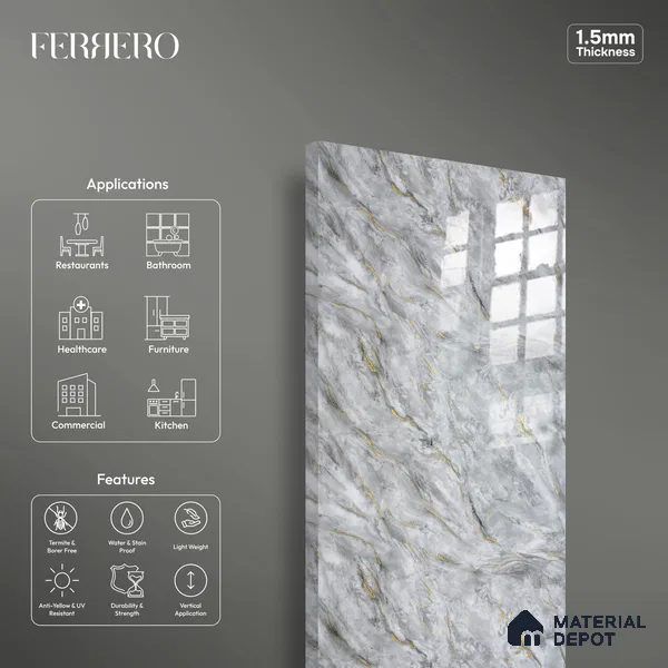 Ferrero 2A 01934 Glacier Grey 8 ft x 4 ft High Gloss Finish 6H Anti Scratch Acrylic Laminate - 1.5 mm | Suitable for Bedroom, TV Unit, Wardrobe, Kitchen Cabinet