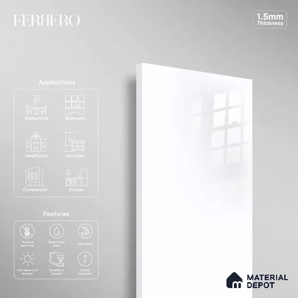 Ferrero 1C 01501 Cloudy Pearl 8 ft x 4 ft High Gloss Finish 6H Anti Scratch Acrylic Laminate - 1.5 mm | Suitable for Living Room, Kitchen, Office