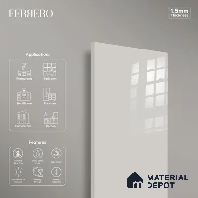 Ferrero 1C 01503 Pebble Gray 8 ft x 4 ft High Gloss Finish 6H Anti Scratch Acrylic Laminate - 1.5 mm | Suitable for Living Room, Kitchen, Office