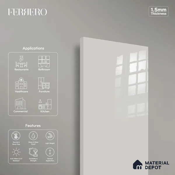 Ferrero 1C 01503 Pebble Gray 8 ft x 4 ft High Gloss Finish 6H Anti Scratch Acrylic Laminate - 1.5 mm | Suitable for Living Room, Kitchen, Office